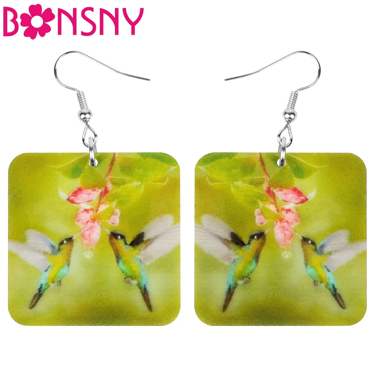 акриловые квадратные зеленые серьги Колибри цветок Большая Птица Животное