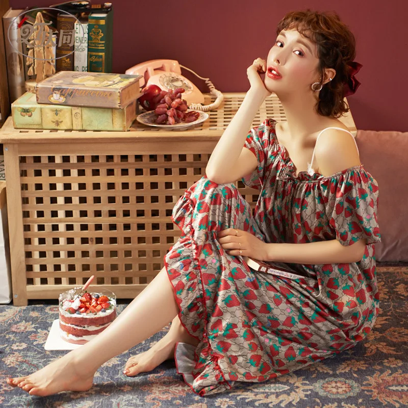 

Women's Summer Nightdress Thin Short Sleeve Womens Nightgown Sleepwear Round Neck Printing Night Dress Home Loose Sexy Nightwear