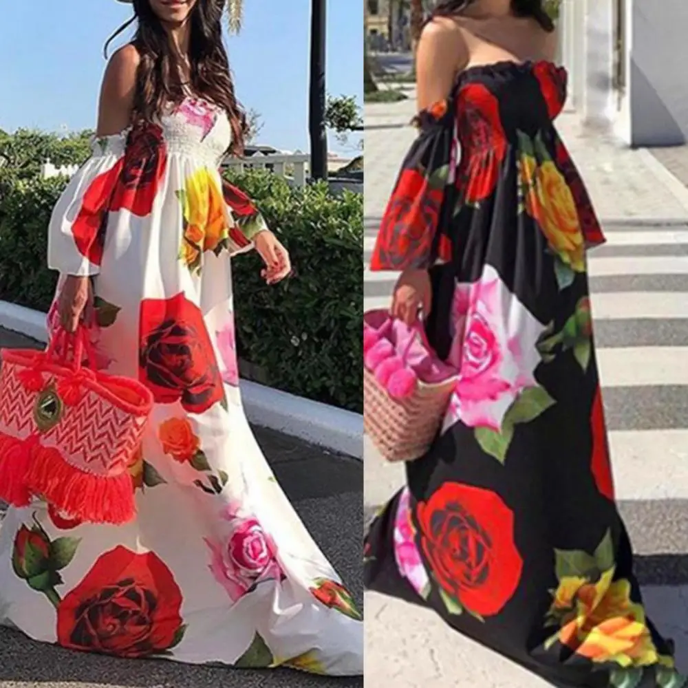 

Hot Sales!! Holiday Boho Women Off Shoulder Backless Flare Sleeve Floral Print Maxi Dress
