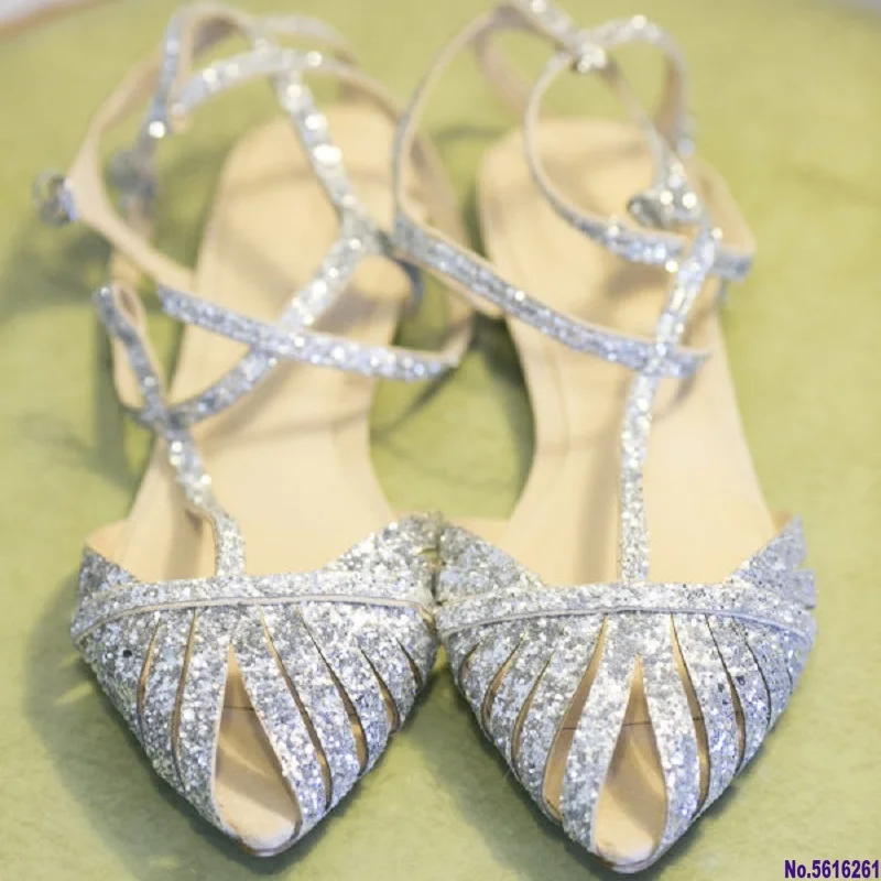 Women sandals gladiator t tied peep toe beach flat shoes ladies sexy silver sequin bling roman sandals big size sandalias mujer