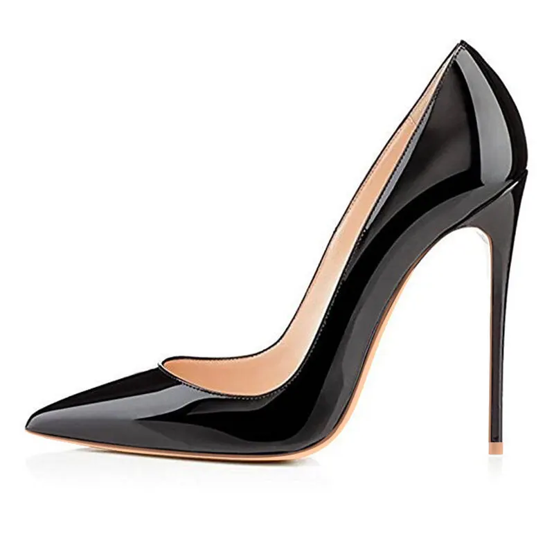 12CM Black Heels GENSHUO/Женская обувь на тонком высоком каблуке-шпильке с острым носком из лакированной кожи большие размеры 12 брендовые свадебные туфли-лодочки Белый шпилька Неглубокие насосы для вечеринки каблуки лодочки туфли - Цвет: 12CM Black Heels