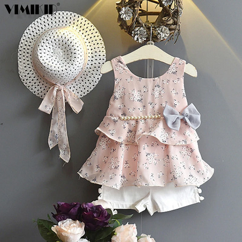 

VIMIKID комплекты одежды для девочек 2019 летняя детская одежда цветочный шифон Холтер + вышитые шорты соломенная детская одежда