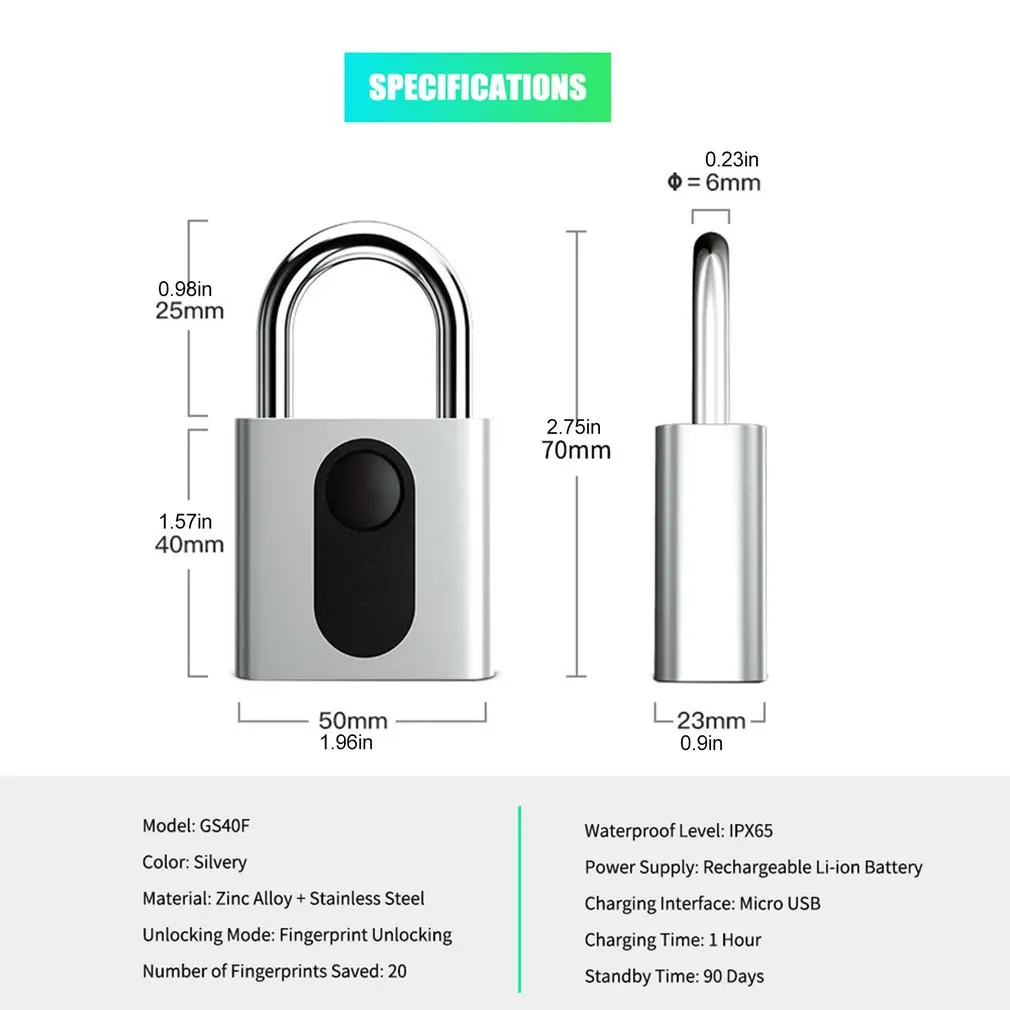 

GS40F Smart Fingerprint Padlock USB Rechargeable Lock Gym Cabinet Fingerprint Lock Dormitory Warehouse Anti-theft Lock