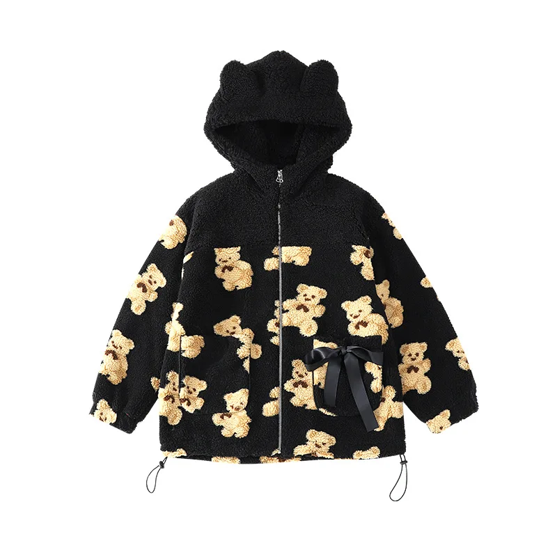 

Vintage Bear Lamb Fleece Teddy Coat Women Coats and Jackets Winter Women's Loose Hooded Cashmere Medium Length Top Korean
