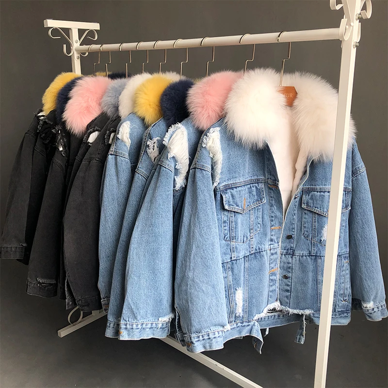 

Women Demin Coat Winter Casual Padded Coat Big Fur Collar Solid Black Puffer Rabbit Fur Liner Jackets Long Sleeve Bubble Parka