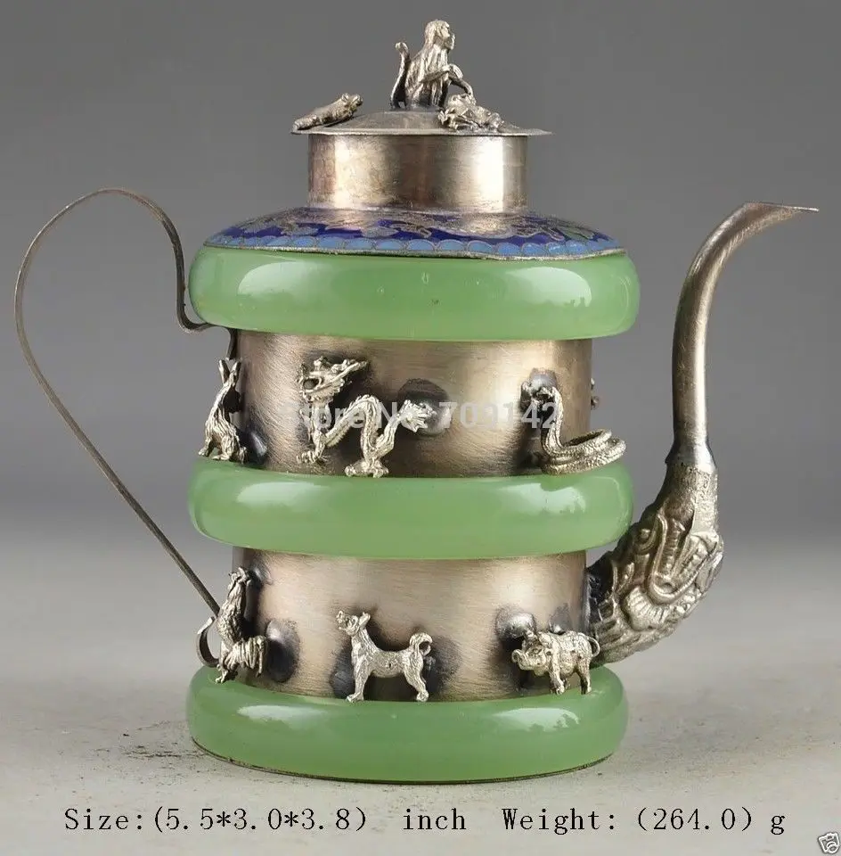 

Красивый фарфоровый чайник с рисунком зодиака, серебряный дракон, зеленый нефрит, украшение для сада, серебристый, белый, медный, латунный