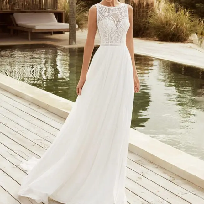 

Simple Beach Wedding Dress Scoop Neck Chiffon Boho Bride Dress Sexy Open Back Wedding Gowns Vestidos de novia
