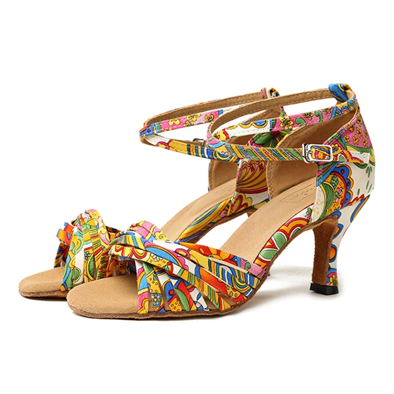HROYL Women Latin dance shoes For Girls ladies Flower Print Cloth Ballroom Tango Dancing Shoes 10/9/8.5/7.5/6CM Heels Wholesaler