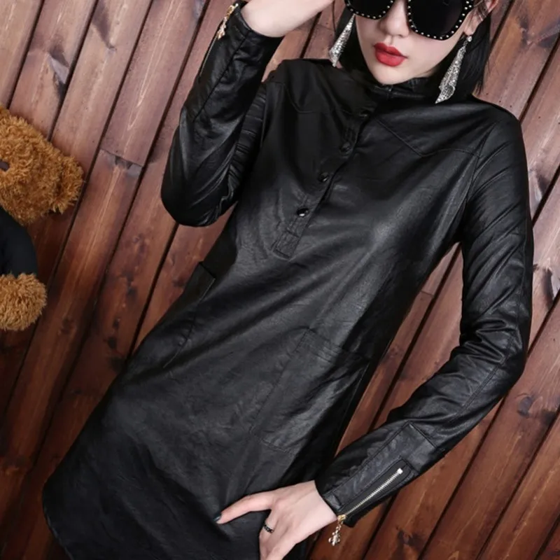 

Punk Style Stand Collar Pu Leather Dress Women Winter Warm Long Sleeve Fleece Dresses Slim Fit Rivets Fashion Female Short Dress
