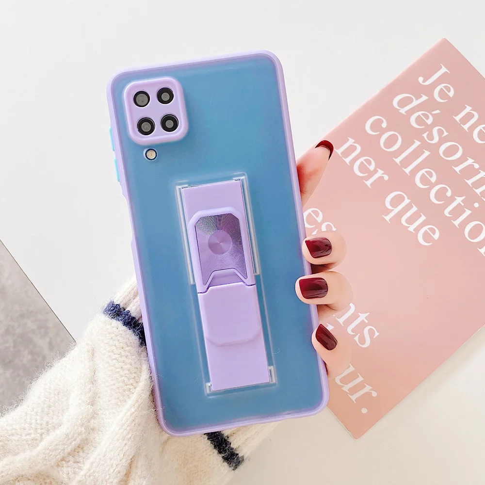 

Matte Folding Holder Phone Case For Samsung S21 Plus A52 A72 A32 A12 Camera Protection Shockproof Bumper Clear Cover