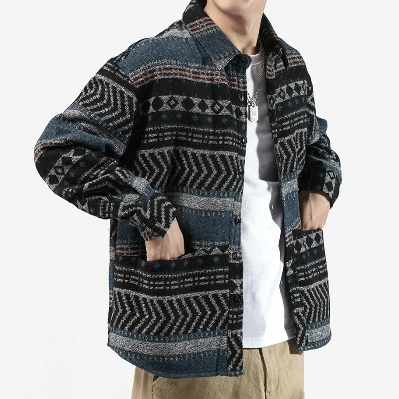 Мужская рубашка с начесом свободная теплая Повседневная в полоску фольклорном