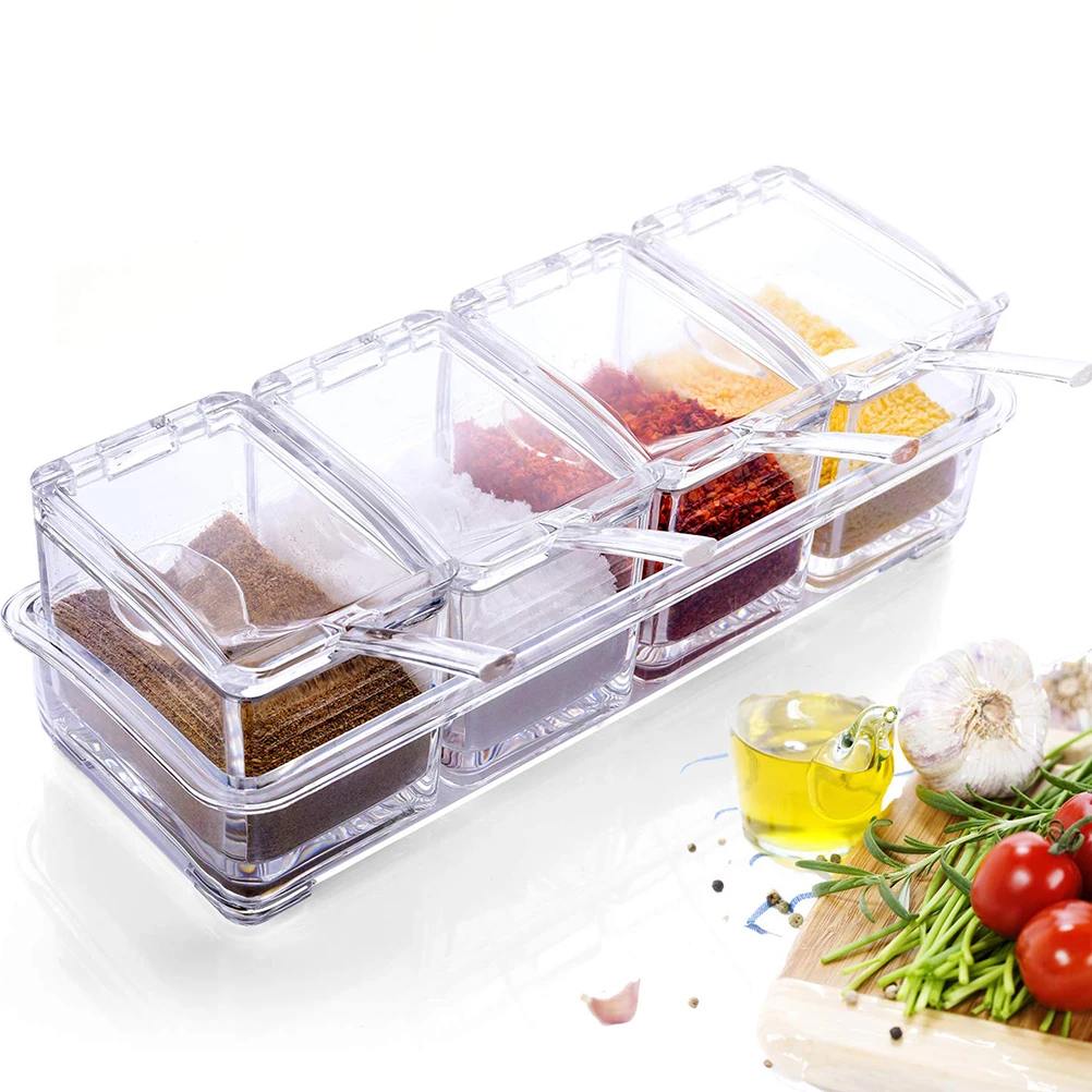 

Четыре в одном, водонепроницаемый и влагостойкий прозрачный контейнер для хранения приправ с ложками, предназначенный с крышкой для предот...