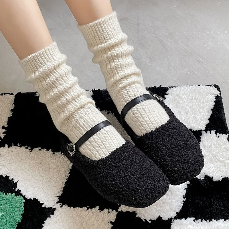 

Japanese Style Solid Color Loose Long Socks 10% Wool Cashmere Thermal Woman Socks Winter Thicken Warm Harajuku Retro Crew Socks