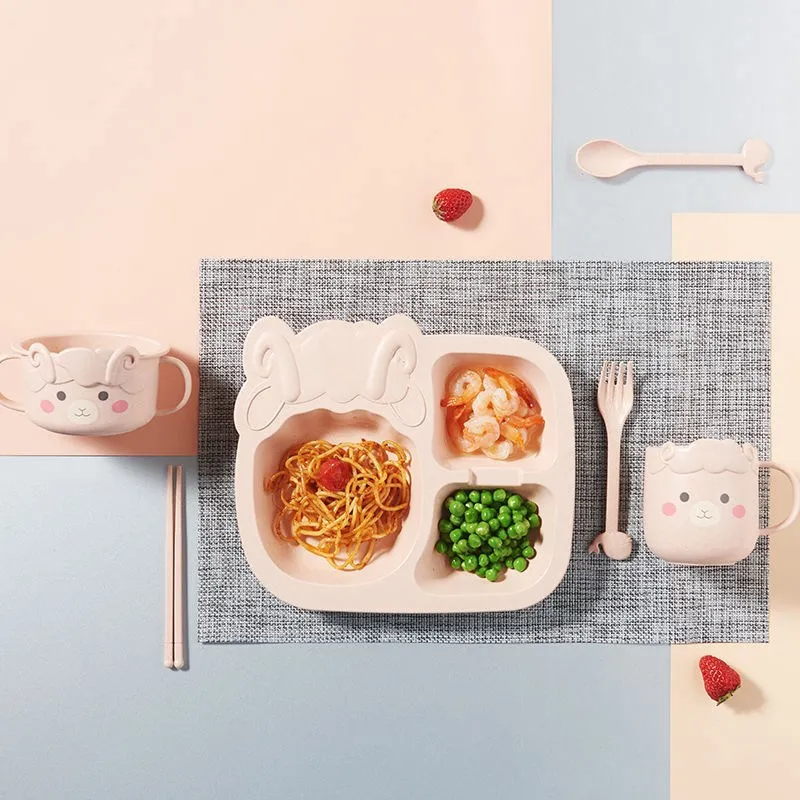 

6Pcs/ Set Baby Cartoon Dinosaur Tableware Children's Dinnerware Set Home Anti-hot Wheat Straw Training Plate Kids Feeding Dishes