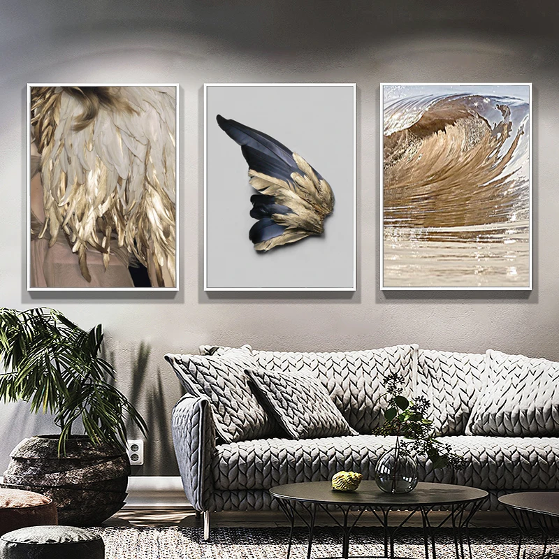 

Modern Art Wall Golden Feather Sea Canvas Painting Posters and Prints Wall Picture for Living Room Bedroom Unframed Home Decor