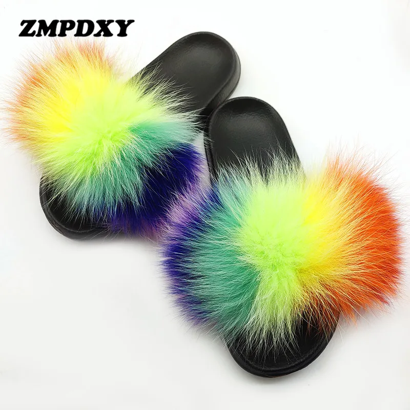 

Women Real Fox Fur Slippers Indoor Flat Comfy Fur Slides Fluffy Plush Raccoon Fuzzy Slides Female Luxury Furry Sandals Wholesale