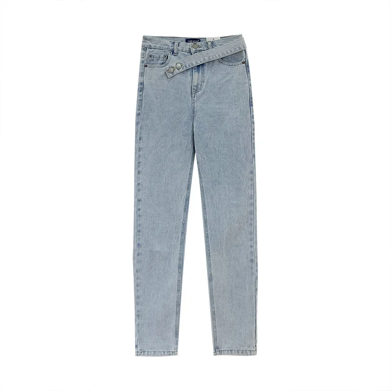 

WOMENGAGA High Street Splicing Oblique Belt Vintage Washed Jeans Women England Style Pencil Pants Ankle-length Trouser Mj5s