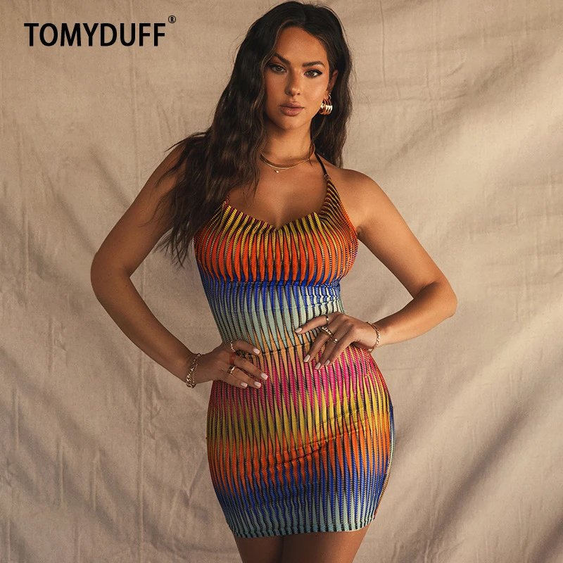 

TOMYDUFF 2021 Summer New Fashion Wheat Mesh Chest Open Back Strap Dress European And American Style Sexy Hip Skirt Women