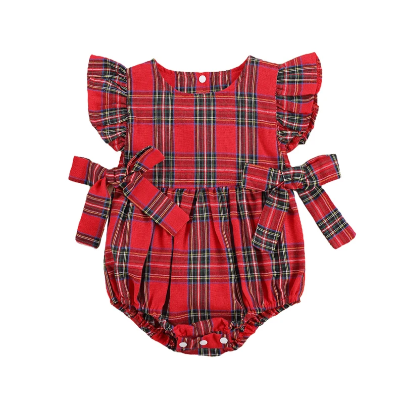 

lioraitiin 0-24M Newborn Infant Baby Girl Christmas Romper Off Shoulder Plaid Printed Jumpsuit Outfit