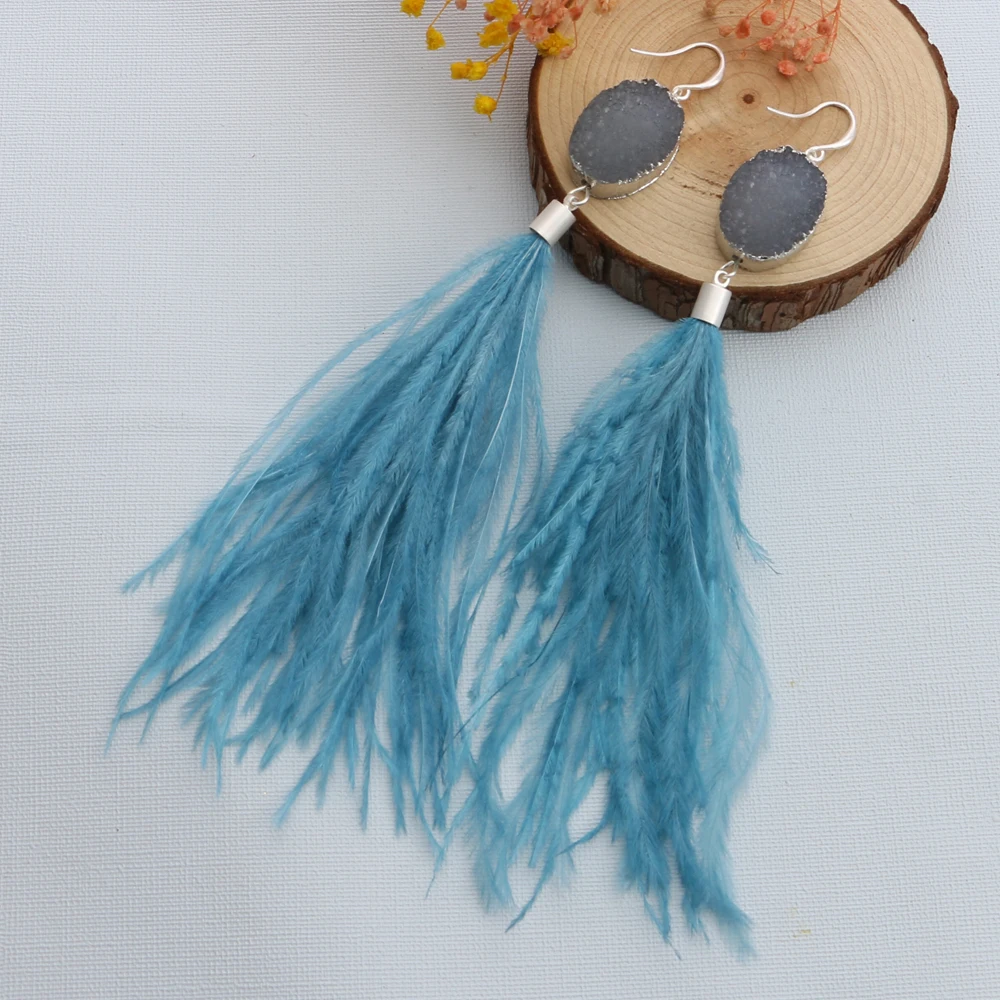 

Badu Metal Stone Dangle Earrings for Women Long Ostrich Feather Drop Earring Fashion Jewelry 2020 Wholesale Dropshiping
