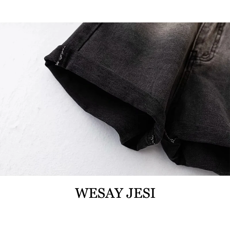 

WESAY JESI Fashion 2021 Summer Women's Denim Shorts High Waist Patchwork Hemming Gradient Jeans Hollow Out Pockets Hot Shorts