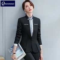 high quality women office set wear long sleeve blazer and long pants or skirt 2 pcs set black or gray ladies work wear suit