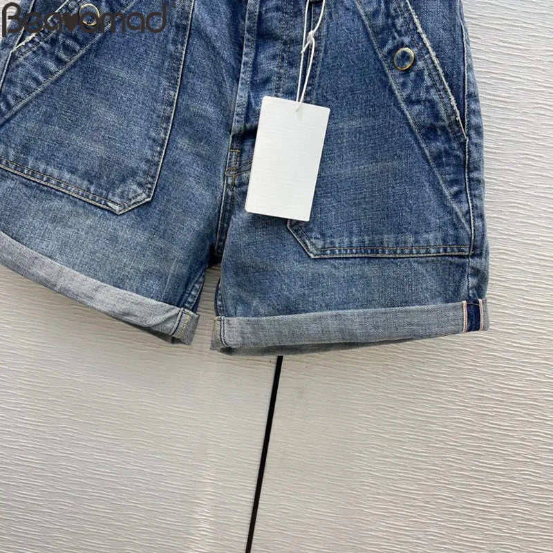 Bearomad 2021 Fashion Woman Blue Slim Denim Shorts High Waist Pockets Button Moderate Washing Bottoms Women's Shorts