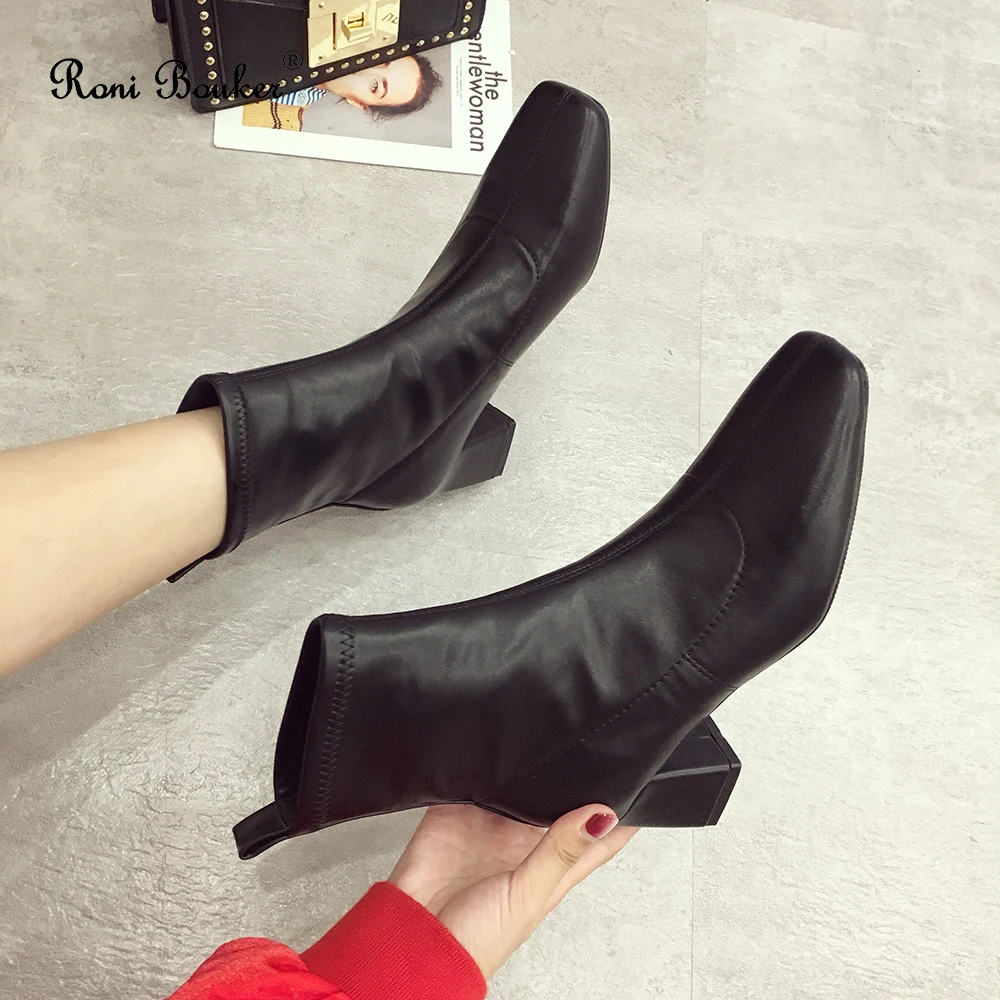 Roni Bouker Autumn Winter High Heels Shoes Woman Square Toe Ankle Boots Women Fashion Flock Leather Booties Female Botas Mujer40