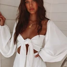 Женская короткая футболка с открытой спиной, квадратным вырезом и рукавами-фонариками, 2021