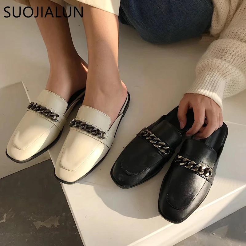 SUOJIALUN/Роскошные Дизайнерские шлепанцы без шнуровки; брендовые босоножки в британском стиле с цепочкой; шлепанцы на плоской подошве с круглым носком; большие размеры 41