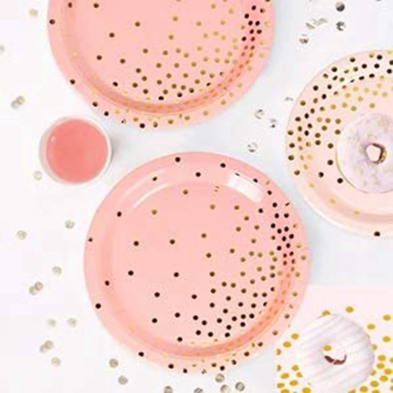 96 Pcs Pink Gold Dot Party Tableware Paper Plates and Napkins Cups for Wedding Bridal Shower Engagement Birthday | Дом и сад