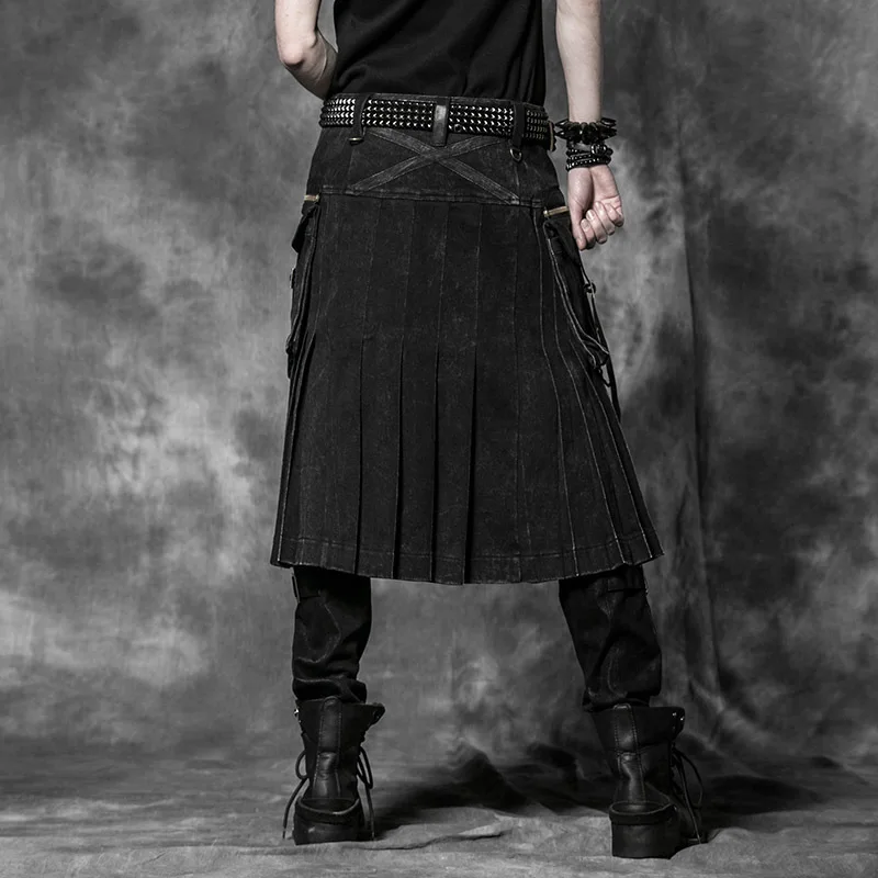 Goedkoop PUNK RAVE Gothic Nieuwe Rock Mens Persoonlijkheid Zwarte Rok Broek Mode Populaire Metalen Rits Zak Decoratie Dark Twill Rokken