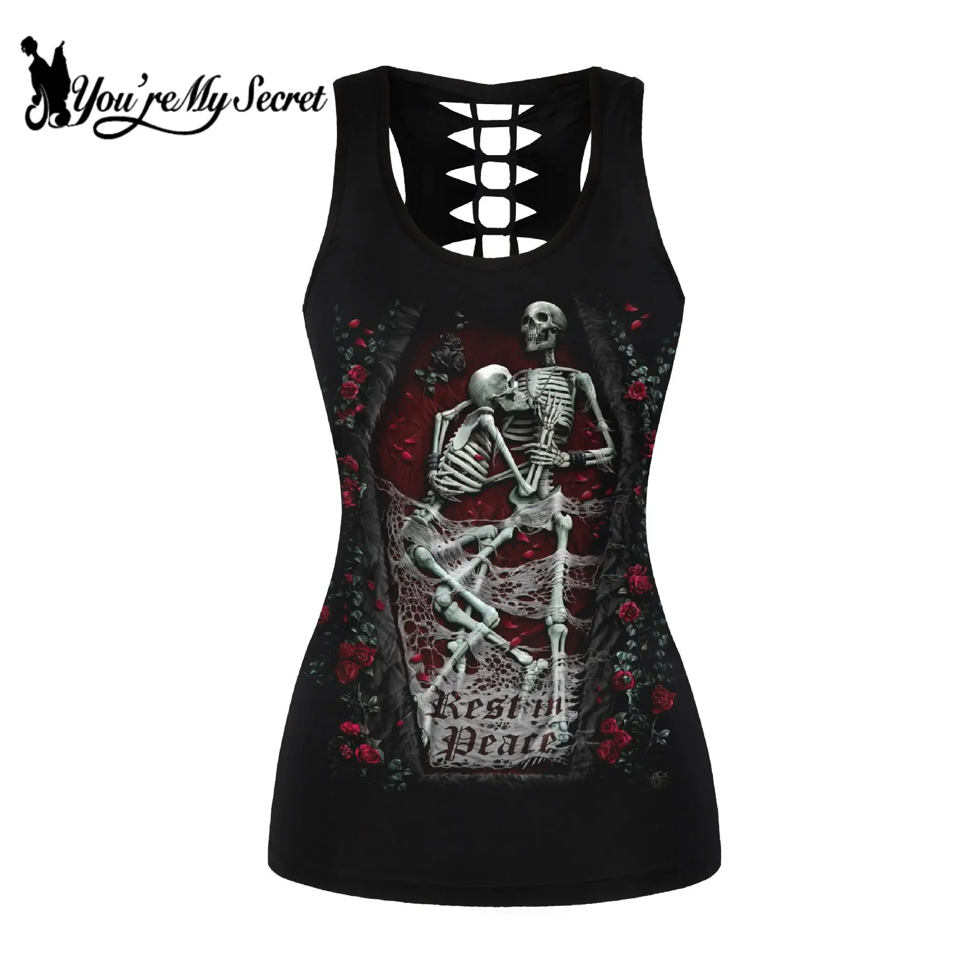 Женский топ без рукавов [You Are My Secret] черный в готическом стиле с вырезами розовым