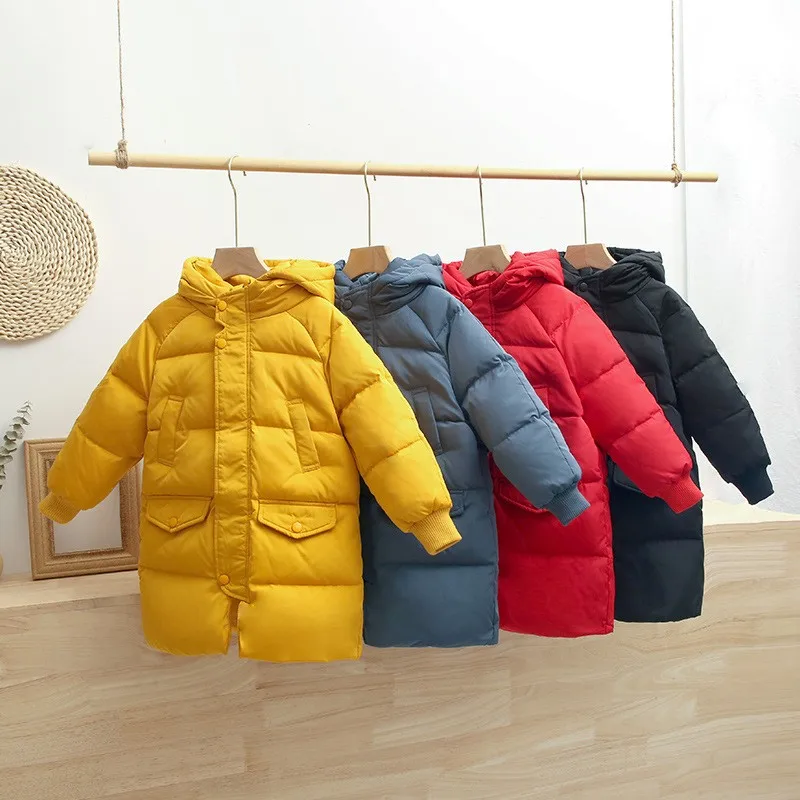 

Winter Jacket Korean Style Kids Boys Hooded White Duck Down Parka Warm Long Coats For Teenage Girls Children Overcoats 12 13 14