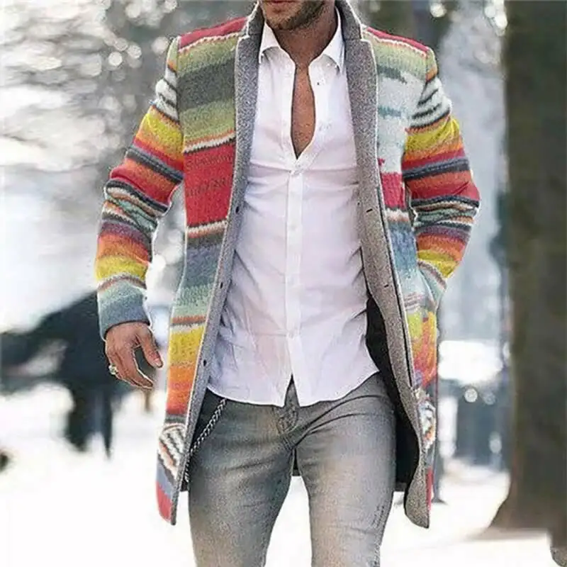 

Men Striped Coat Winter Trench Coat Outwear Overcoat Long Sleeve Cardigan Jacket