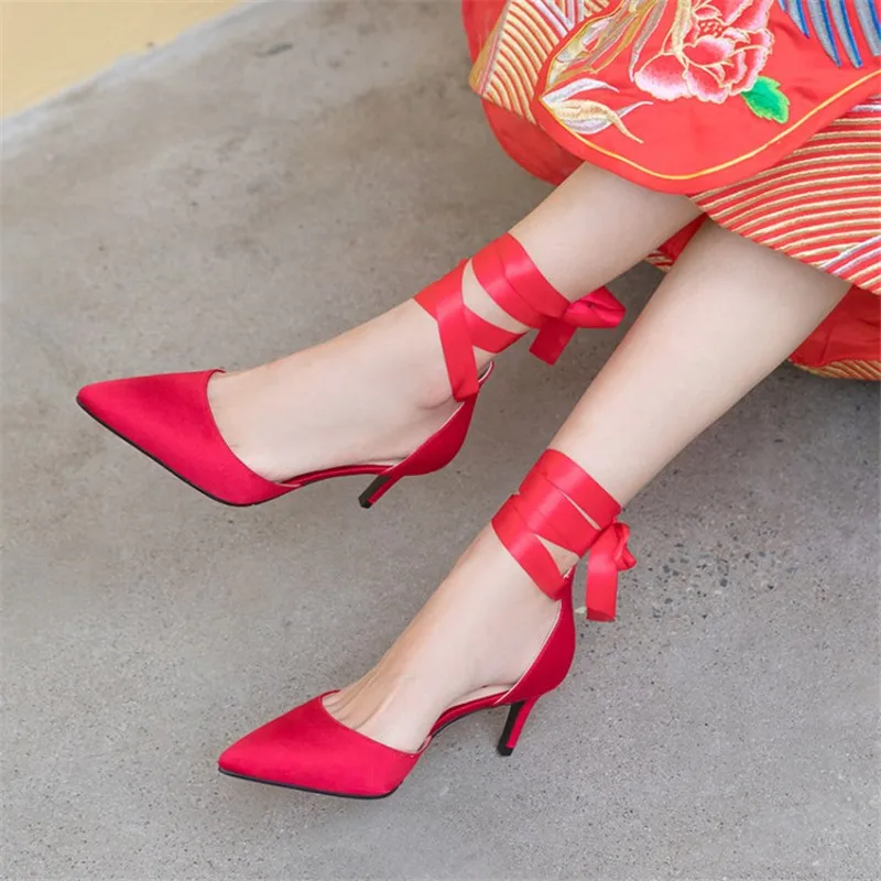 

FEDONAS Retro Elegant Cross Tied Women Sandals 2021 Spring Summer Pointed Toe Thin Heels Pumps New Party Wedding Shoes Woman