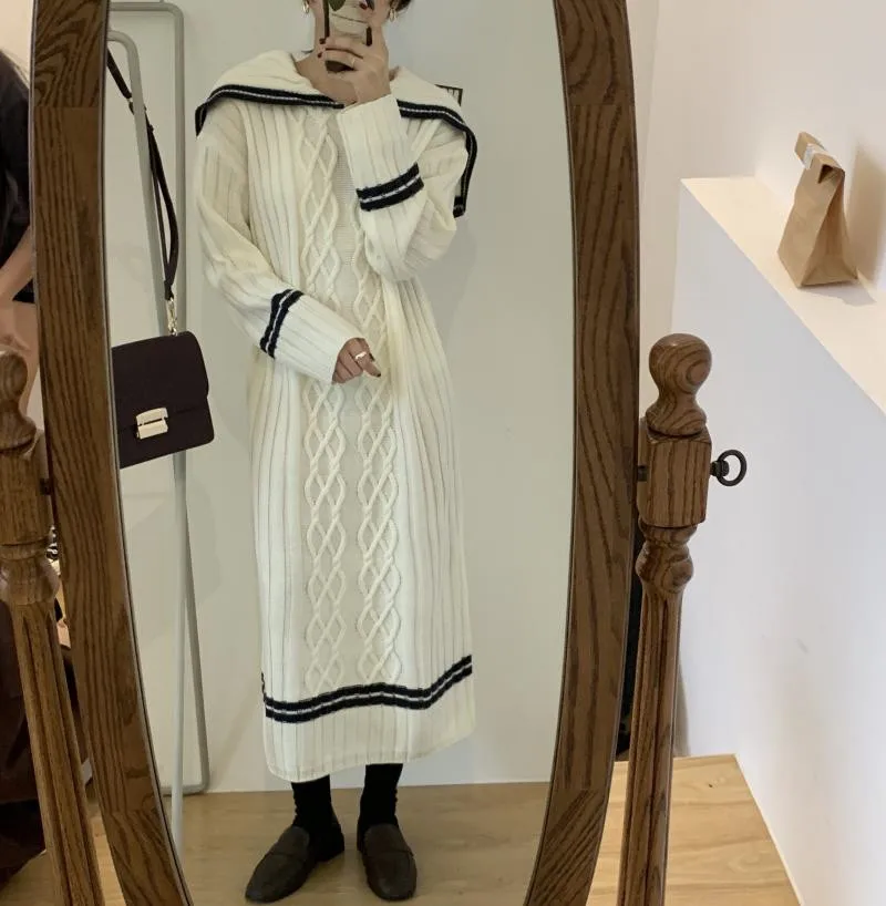 Элегантный большой темно-синий воротник толстый свитер платье Женская корейская