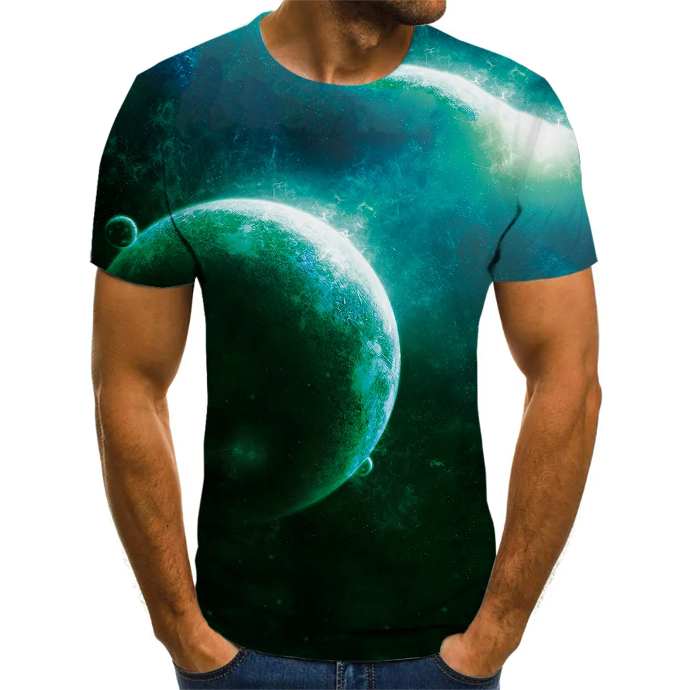 

Летняя новая мужская футболка с 3D принтом планеты, модная повседневная футболка с круглым вырезом и коротким рукавом, в стиле Харадзюку, в с...