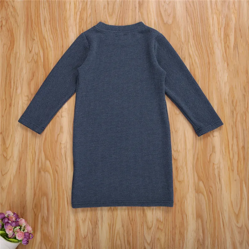 2020 autumn winter Kids Baby Girls casual Fashion Heart Pattern Knit Dress solid Stylish Long Sleeve Dresses Blue fashion outfit | Детская