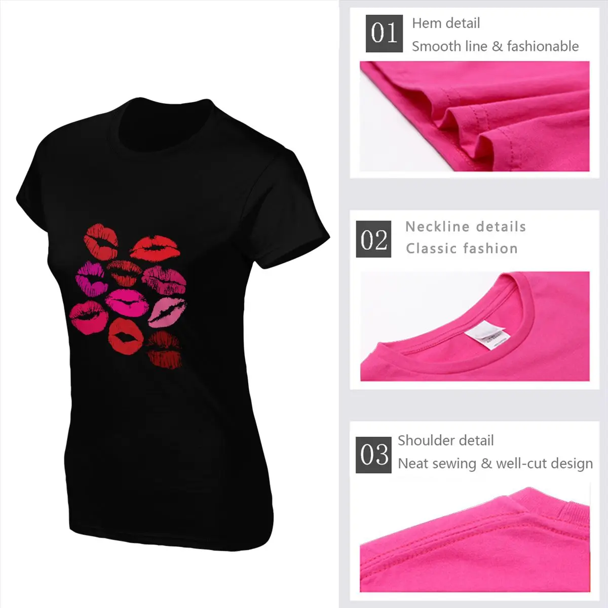 

2021 Fashion Kiss Lips Print Women T Shirts Cute Girls Designer Tees Letters Pattern Shirt for Ladies O Neck Black T-shirts