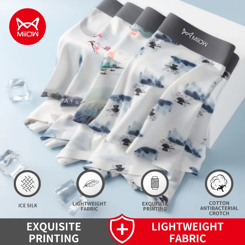 

MiiOW Huitao 3Pcs Printing Men Underwear Boxer Shorts Ice Silk Transpatent Breathable Male Panties Lingerie Boxershorts