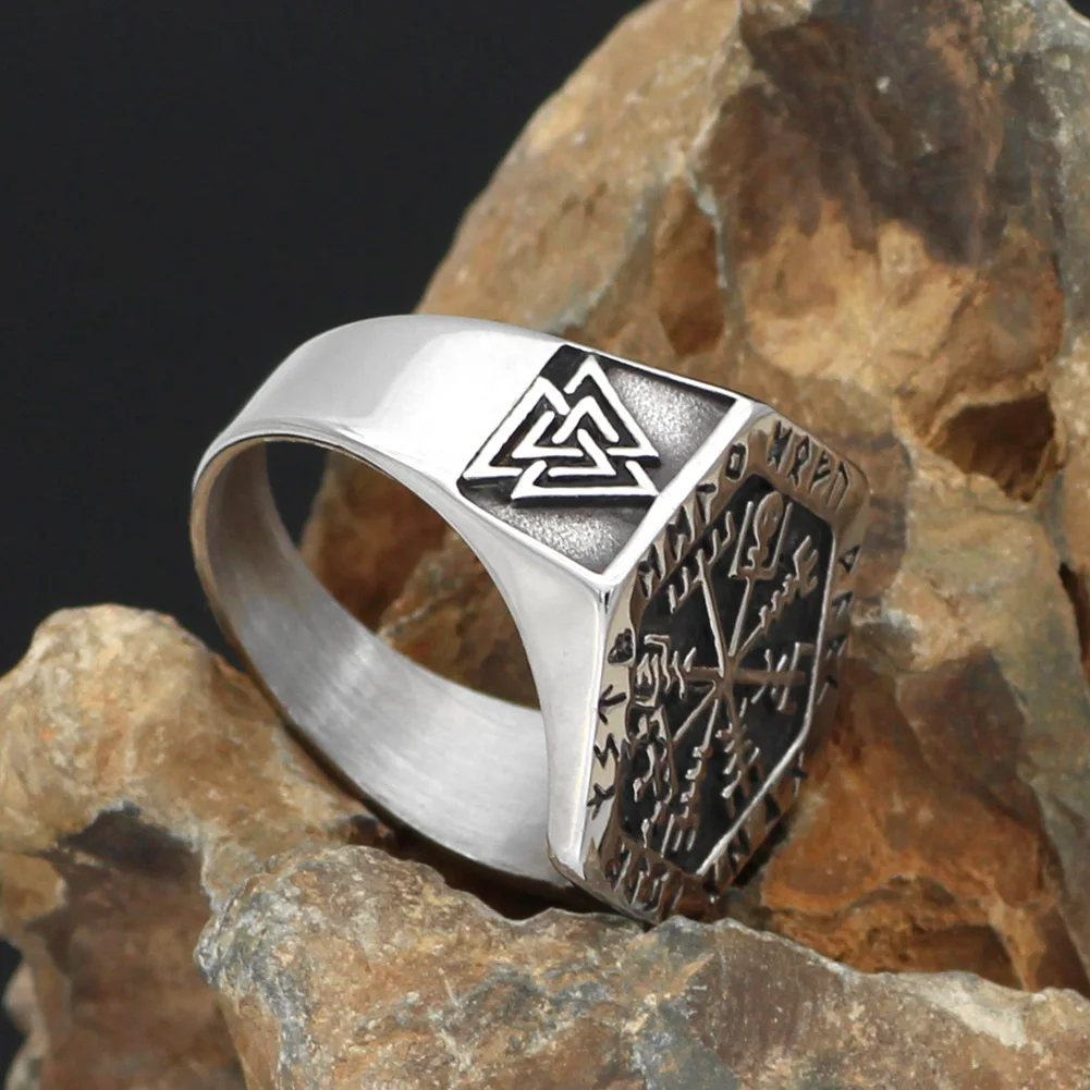 Скандинавский Викинг рун valknut vegvisir кольца из нержавеющей стали с подарочной