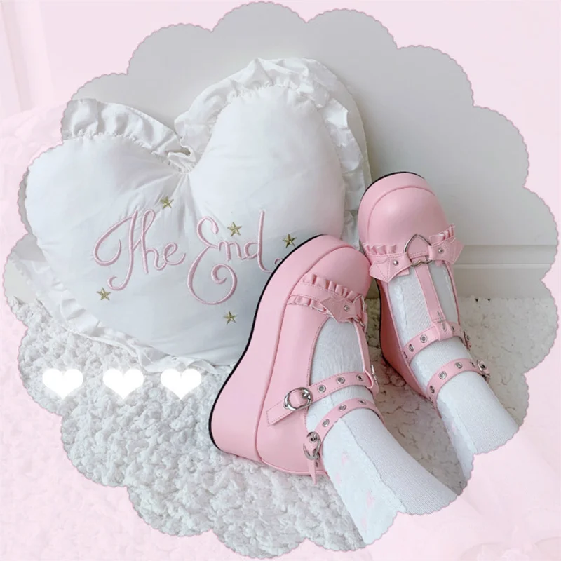 Size 42 43 New Female Lolita Cute Mary Janes Pumps Platform Wedges High Heels Women Pumps Sweet Heart Buckle Punk Shoes Woman