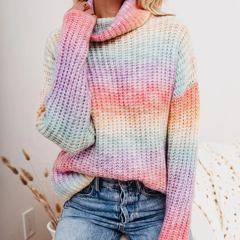 

Fashion Colorful Turtleneck Sweater Women Clothing Rainbow Stripe Loose Long Sleeve Knitted Tops Casual New Pullover
