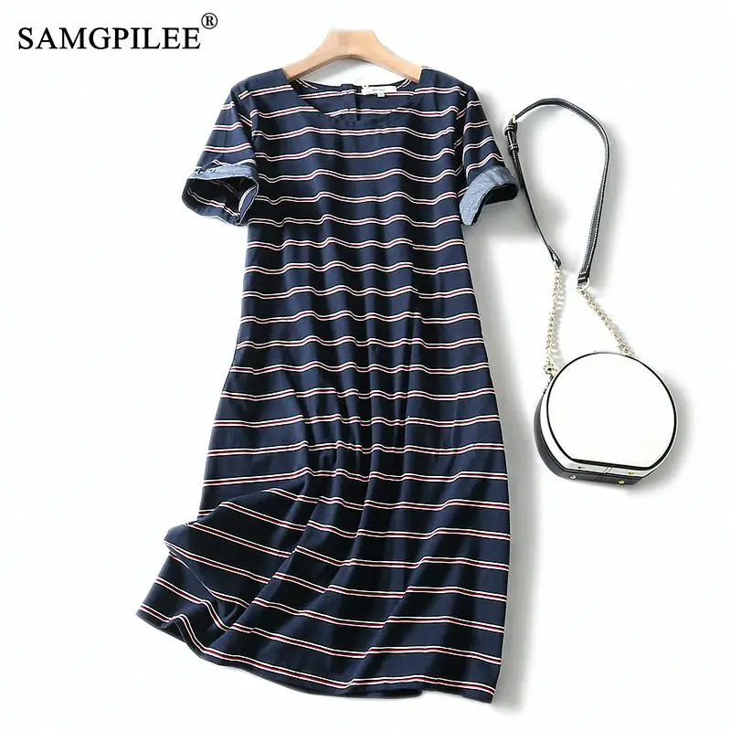 

Plus Size Women 2020 Summer Cotton Striped O Neck Dress Woman Summer Dresses Casual Casual Mini Dress Straight Dresses Female