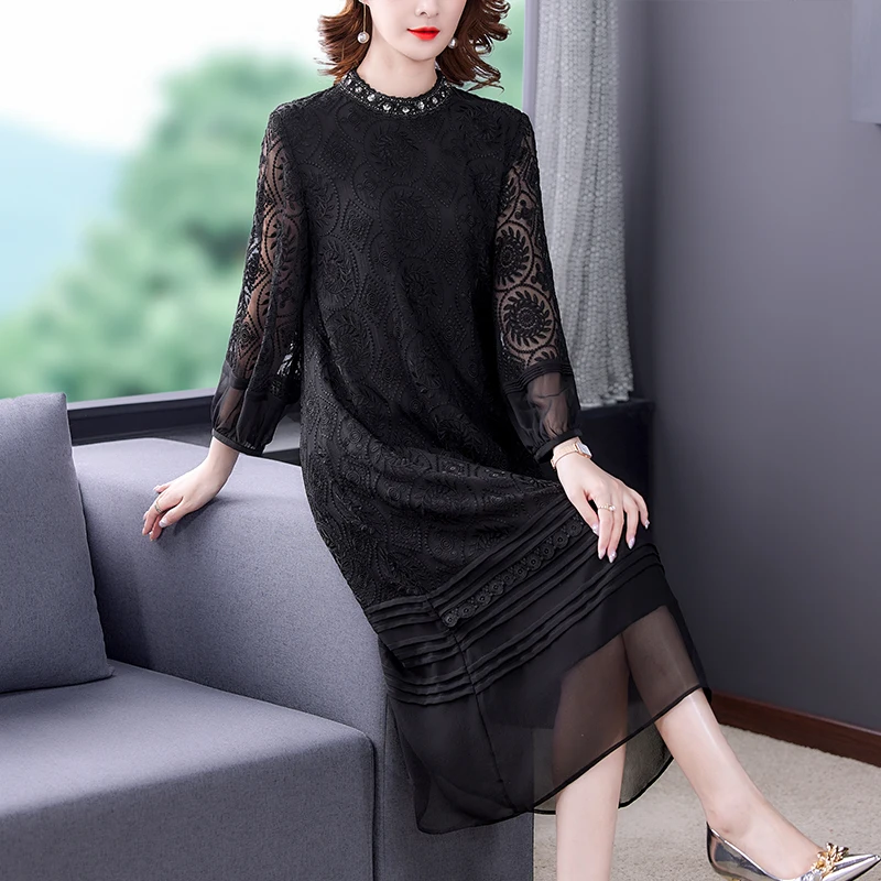 

Spring Casual Lace Floral Embroidery 5XL Midi Dress Autumn Vintage Black Loose Dresses 2021 Women Elegant Bodycon Party Vestidos