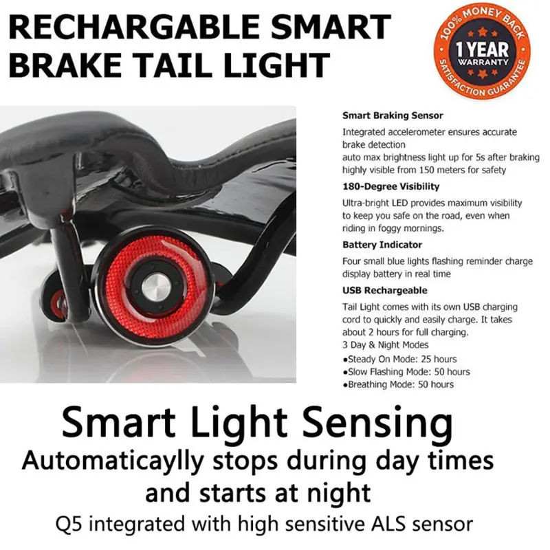 Фонарь задсветильник велосипедный со светодиодной подсветкой и датчиком