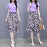 2022 fashion women purple t shirtprint skirts suits solid tops vintage floral skirt sets elegant casual two piece suit y616