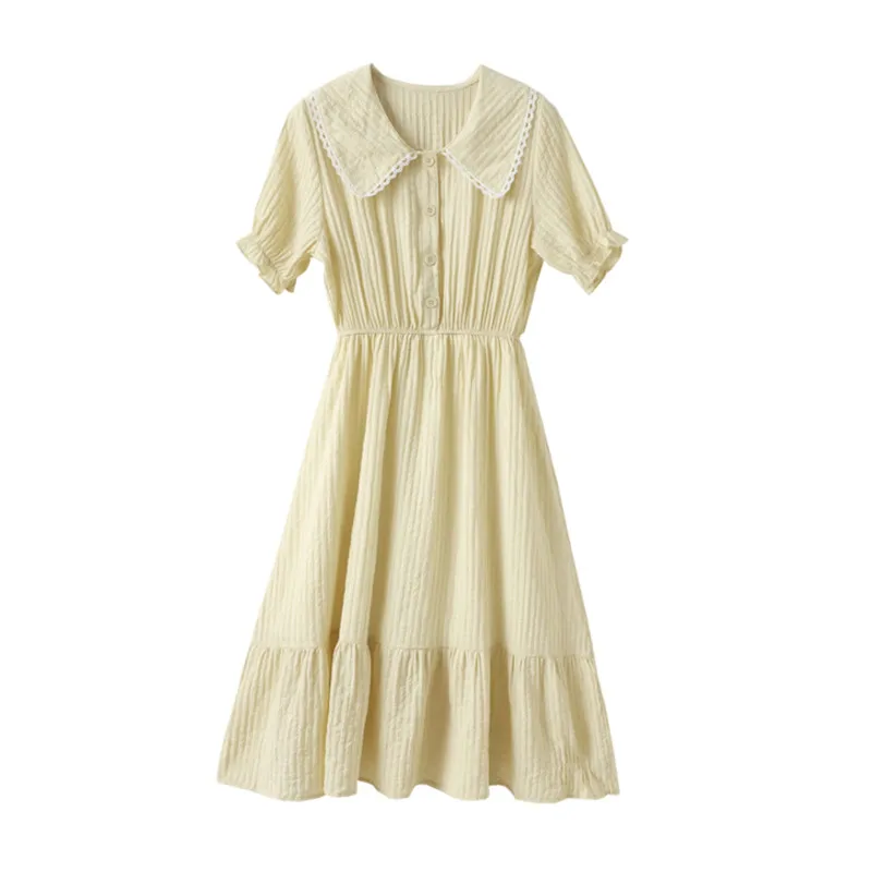 

Tea Break First Love Female Summer French Doll Collar Puff Sleeve Dress Elastic Waist New Long Ruffle Skirt Yellow White