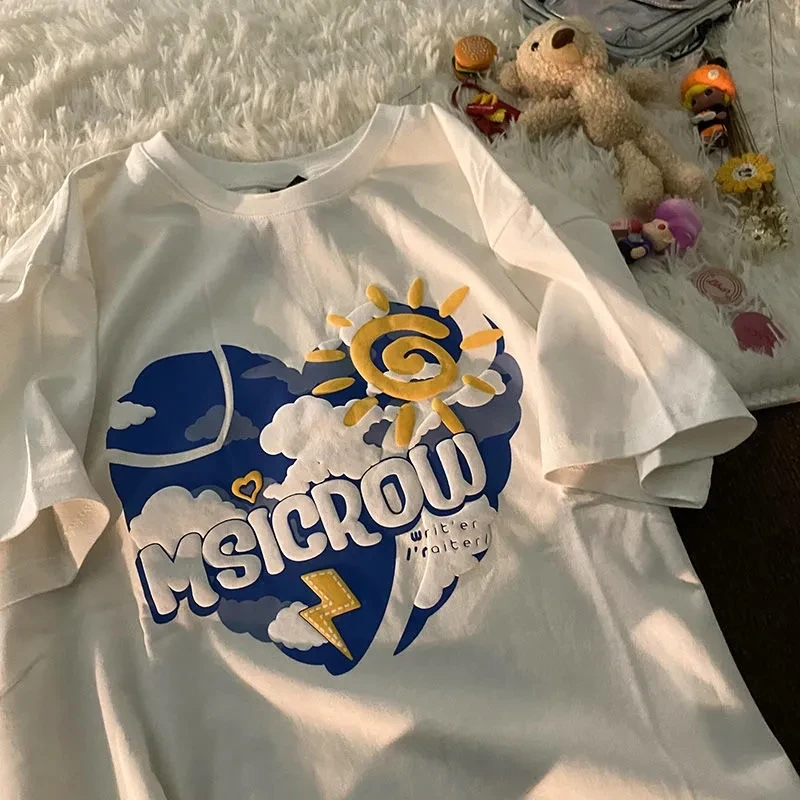 

Summer Korean loose short-sleeved Top women Cloud Printed Top Cute Kawaii T-shirt Love Lightning Harajuku y2k Female clothing